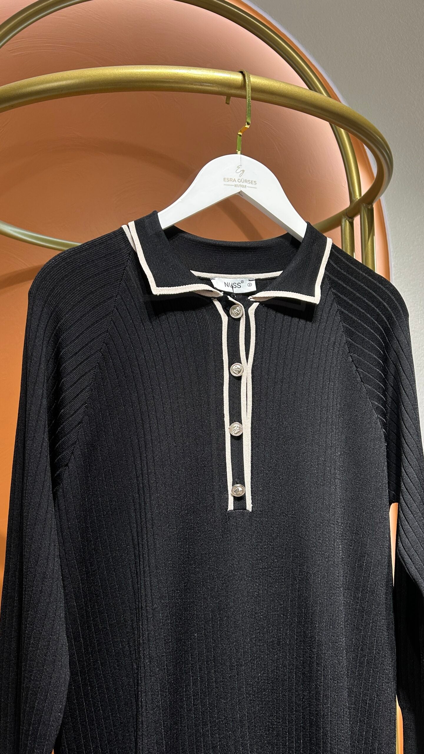 Siyah Polo Yaka Fitilli Elbise - EsraGürsesBoutique