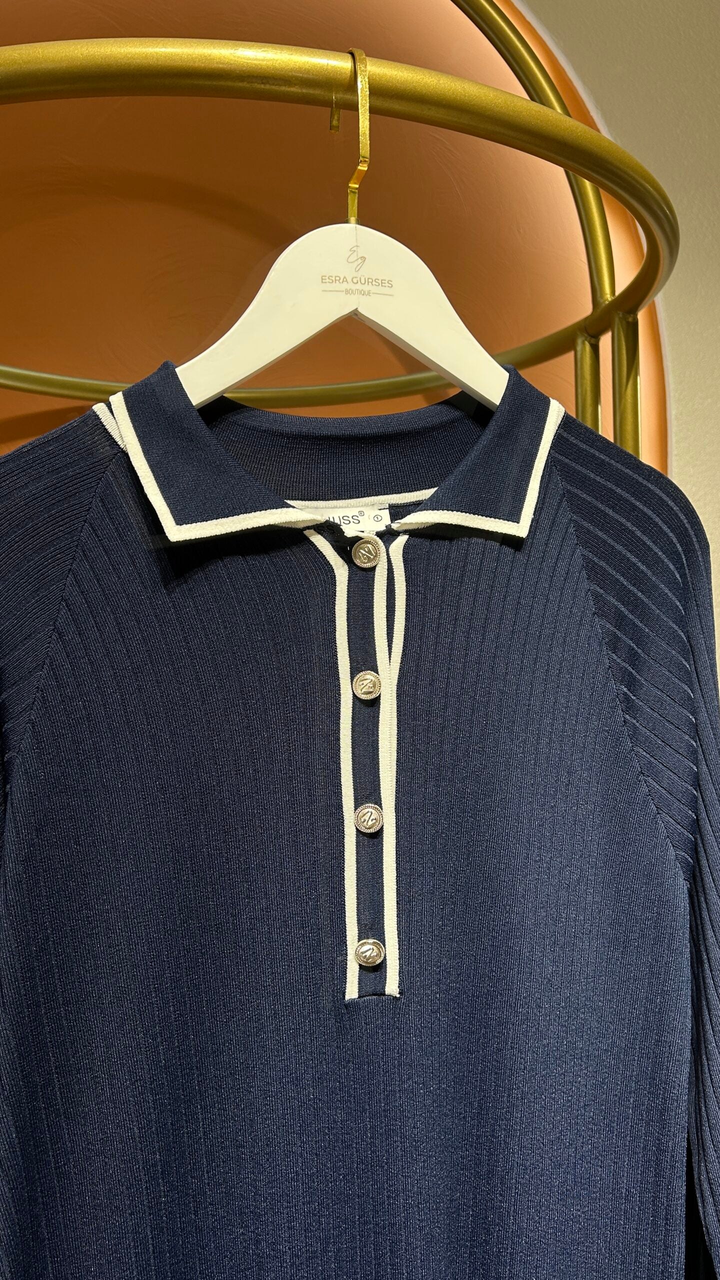 Lacivert Polo Yaka Fitilli Elbise - EsraGürsesBoutique