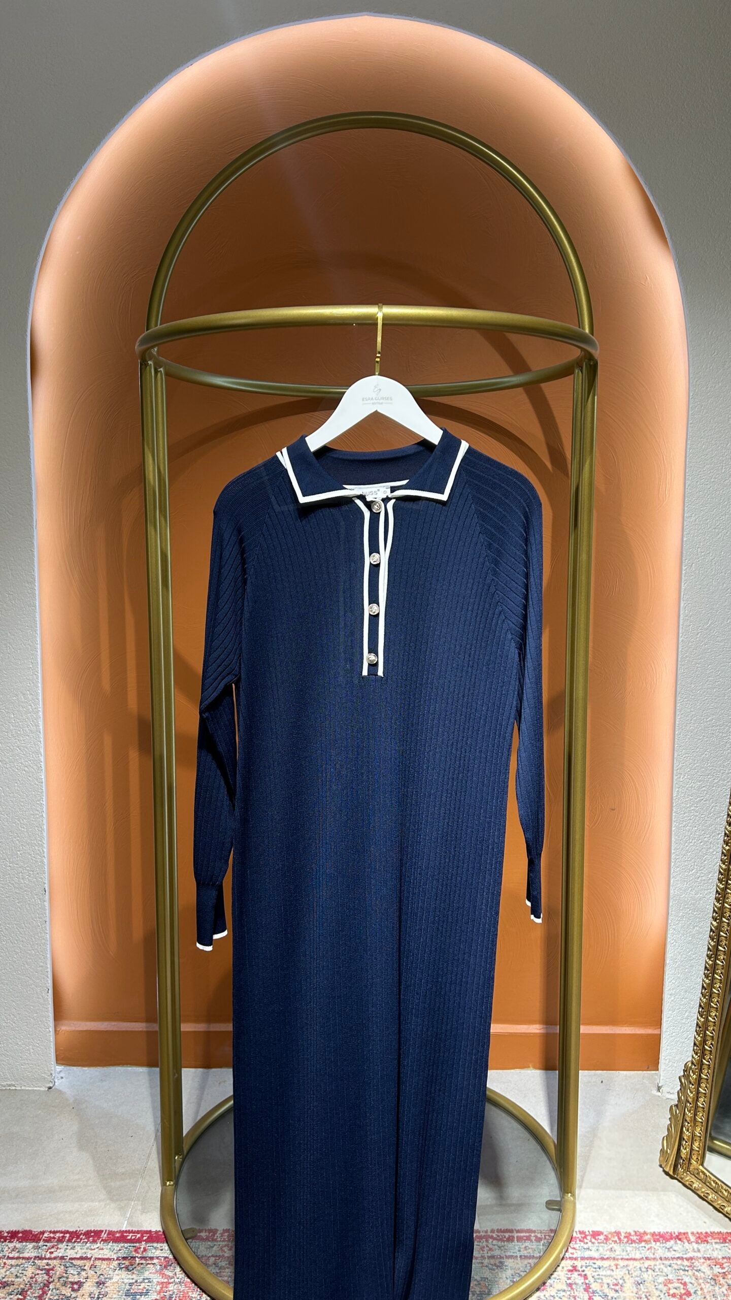 Lacivert Polo Yaka Fitilli Elbise - EsraGürsesBoutique