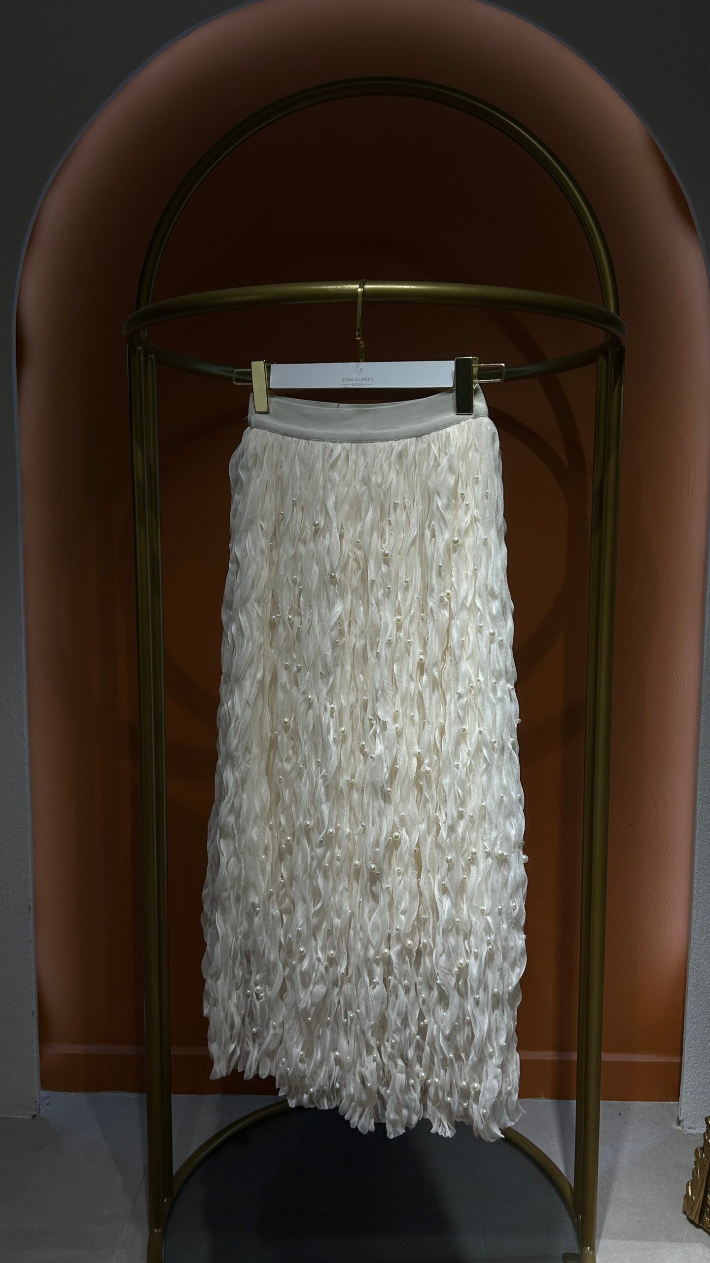 İthal Krinkıl Tül İncili Etek - Ekru - EsraGürsesBoutique
