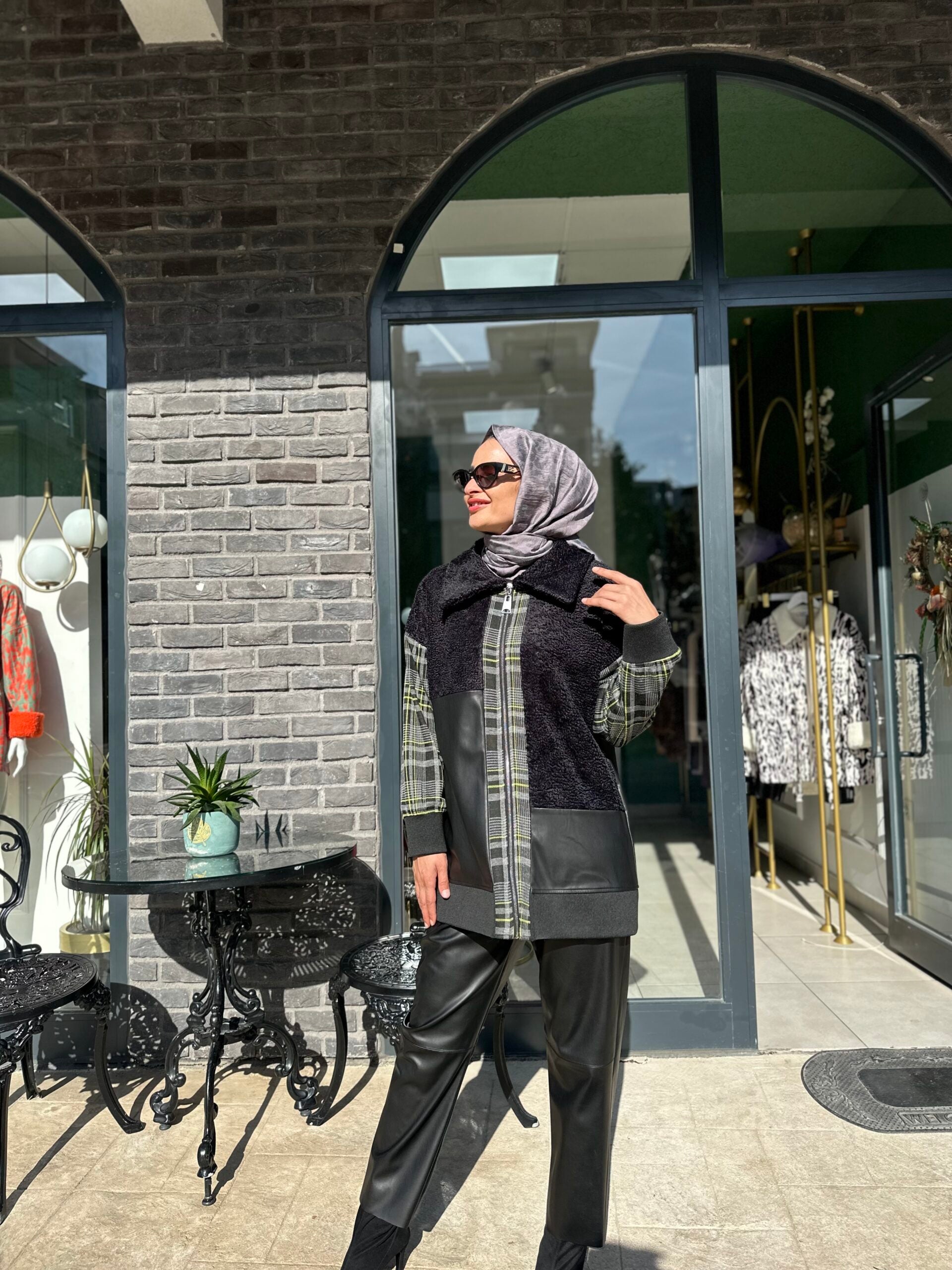 Nuss Triko Ekose Deri Detaylı Ceket - EsraGürsesBoutique