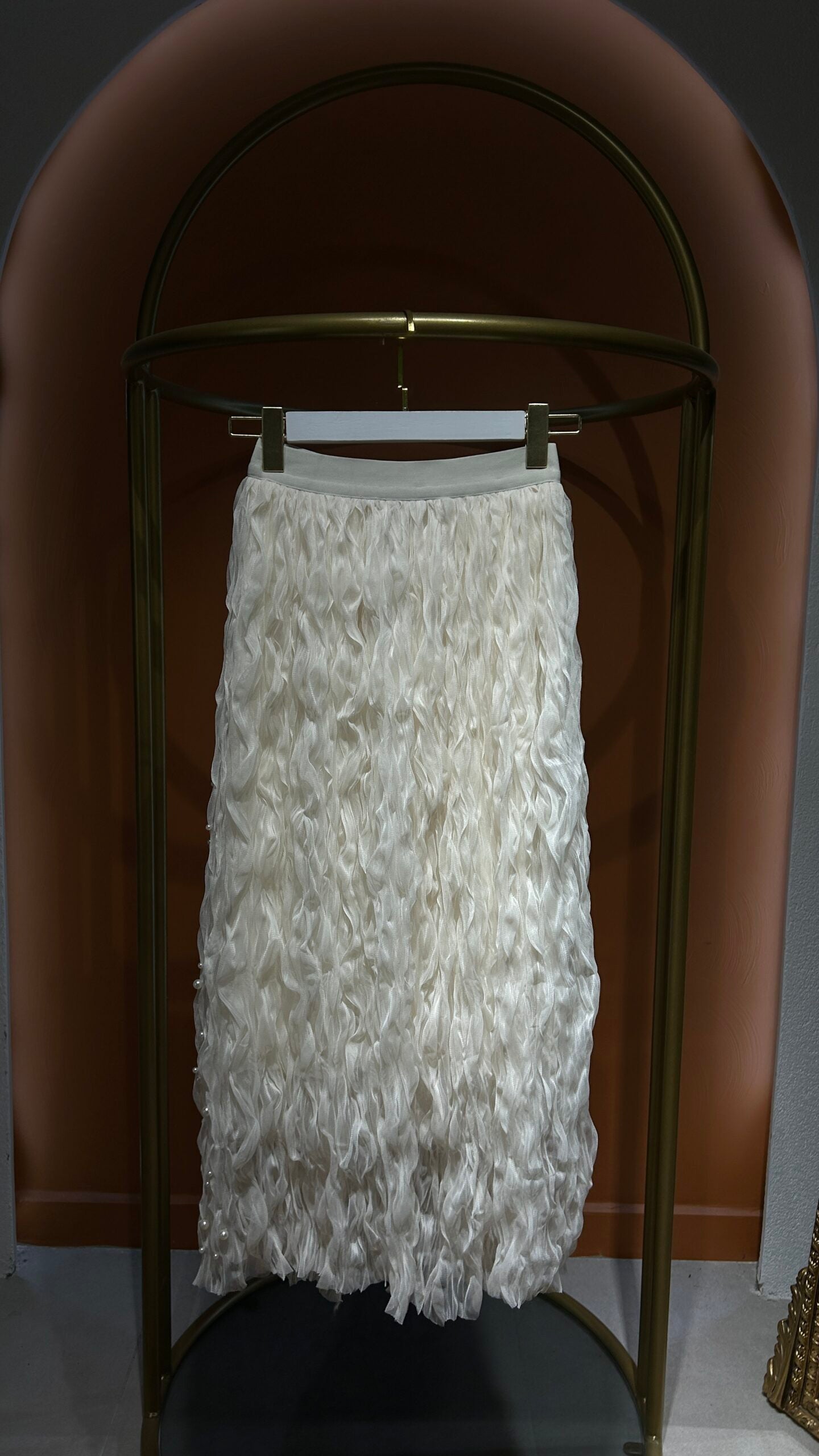 İthal Krinkıl Tül İncili Etek - Ekru - EsraGürsesBoutique