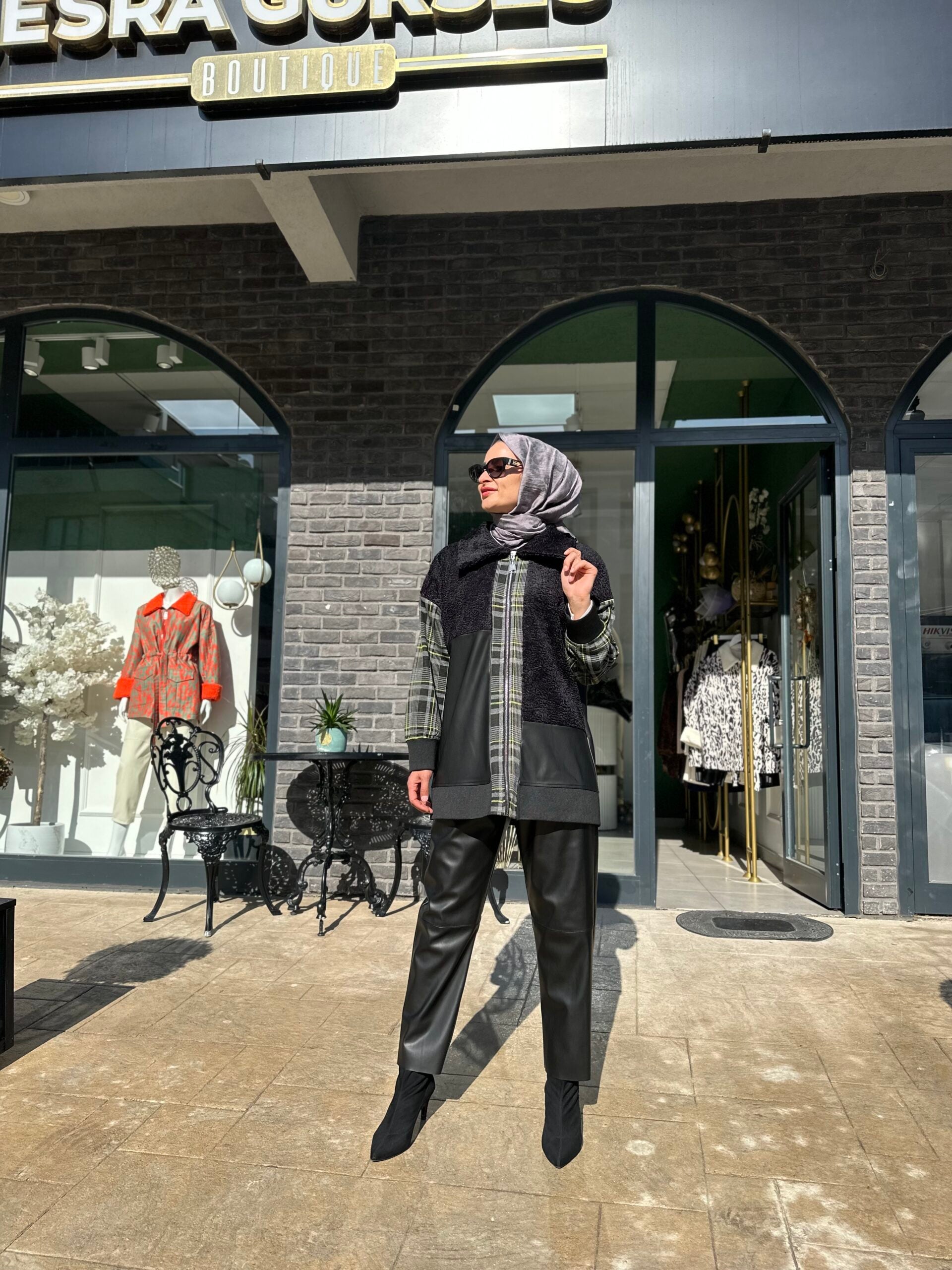 Nuss Triko Ekose Deri Detaylı Ceket - EsraGürsesBoutique