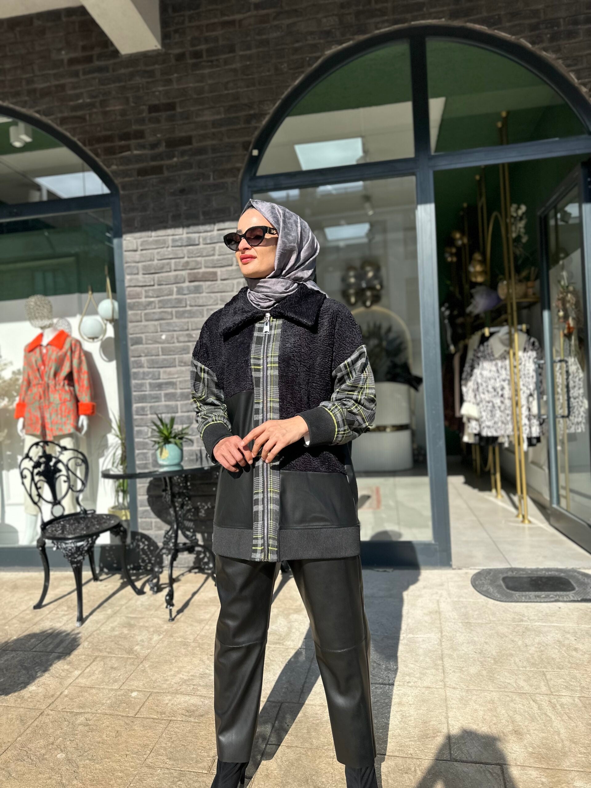 Nuss Triko Ekose Deri Detaylı Ceket - EsraGürsesBoutique